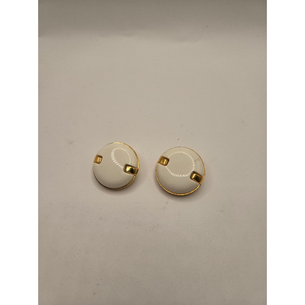 Vintage West Germany White Enamel Gold Tone Round Button Clip On Earrings